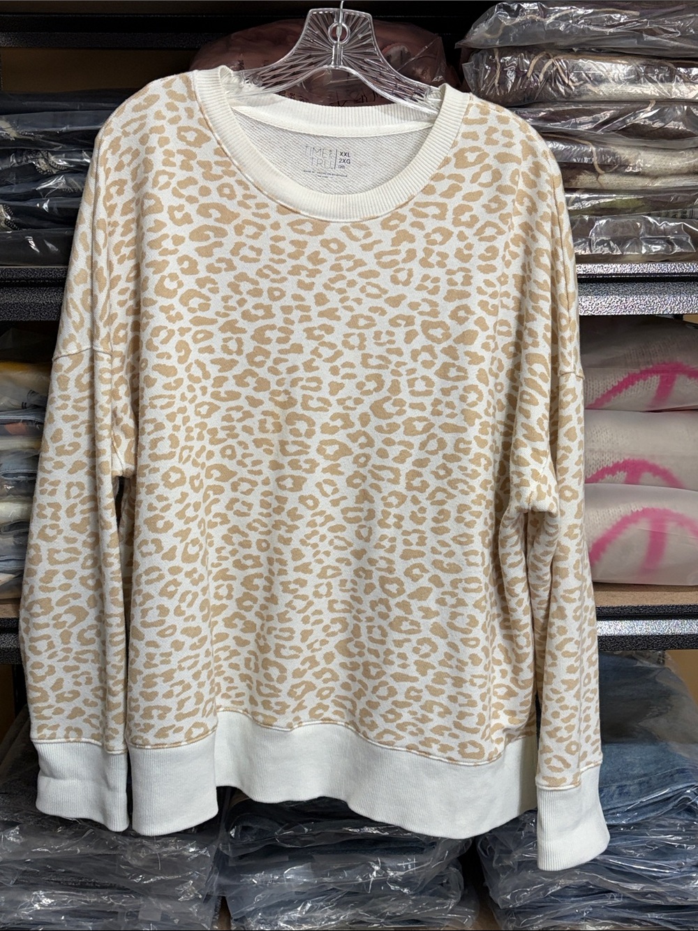 Time and Tru Cream and Beige Leopard Crewneck Sweater